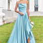 A-line Cowl Neck Sleeveless Floor-Length Stretch Satin Bridesmaid Dresses with Pleated Ruffles Split Taryn DEP0025270