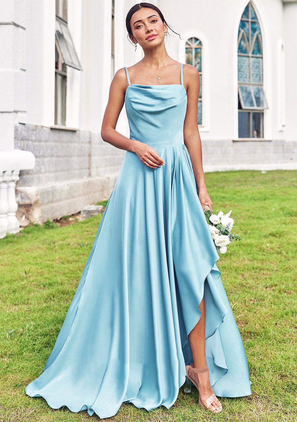 A-line Cowl Neck Sleeveless Floor-Length Stretch Satin Bridesmaid Dresses with Pleated Ruffles Split Taryn DEP0025270