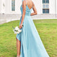 A-line Cowl Neck Sleeveless Floor-Length Stretch Satin Bridesmaid Dresses with Pleated Ruffles Split Taryn DEP0025270