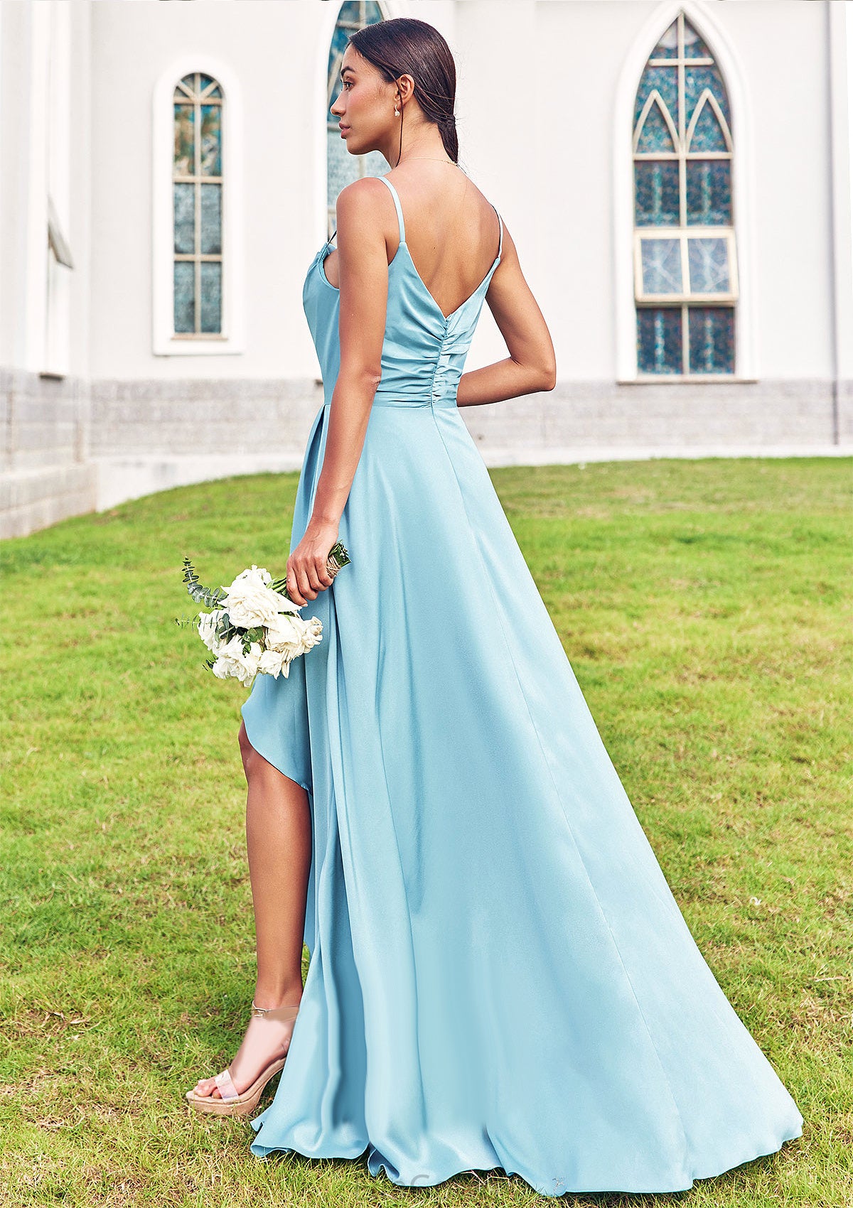 A-line Cowl Neck Sleeveless Floor-Length Stretch Satin Bridesmaid Dresses with Pleated Ruffles Split Taryn DEP0025270