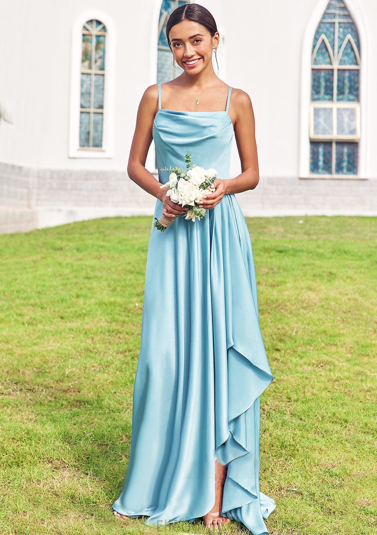 A-line Cowl Neck Sleeveless Floor-Length Stretch Satin Bridesmaid Dresses with Pleated Ruffles Split Taryn DEP0025270