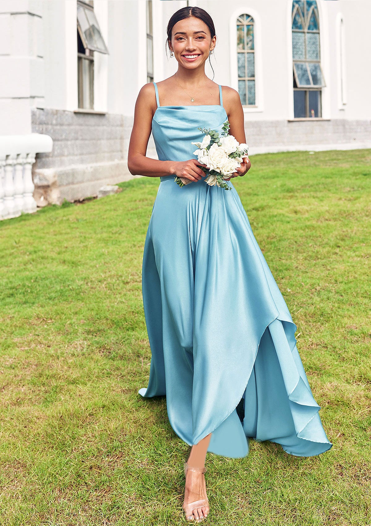 A-line Cowl Neck Sleeveless Floor-Length Stretch Satin Bridesmaid Dresses with Pleated Ruffles Split Taryn DEP0025270