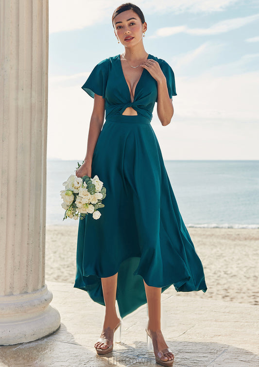 A-line V Neck Short Sleeve Asymmetrical Stretch Satin Bridesmaid Dresses with Bowknot Sashes Reina DEP0025272