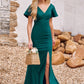 Trumpet/Mermaid V Neck Short Sleeve Stretch Crepe Floor-Length Bridesmaid Dresses with Split April DEP0025273