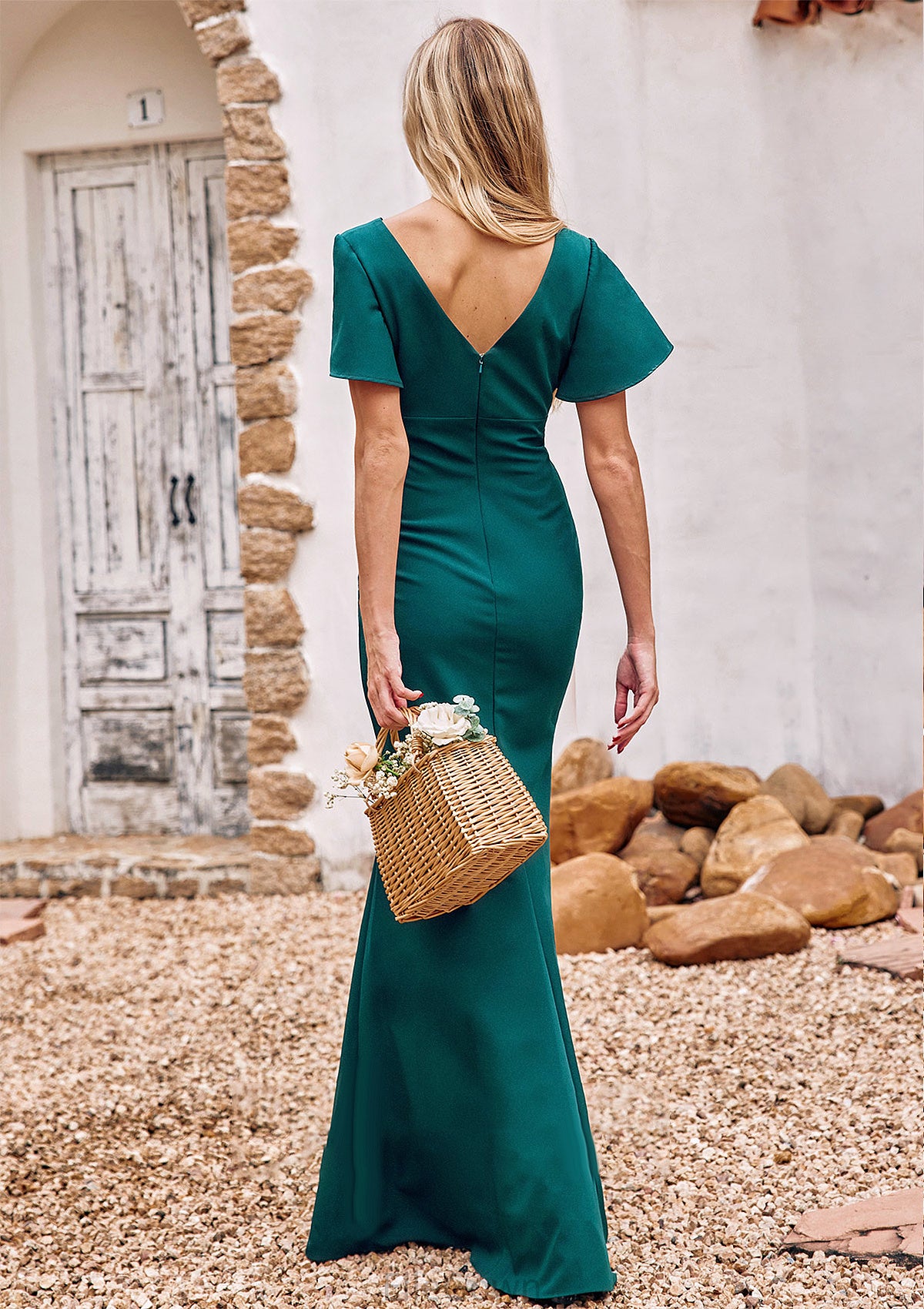 Trumpet/Mermaid V Neck Short Sleeve Stretch Crepe Floor-Length Bridesmaid Dresses with Split April DEP0025273