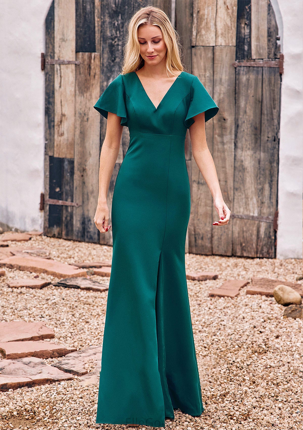 Trumpet/Mermaid V Neck Short Sleeve Stretch Crepe Floor-Length Bridesmaid Dresses with Split April DEP0025273