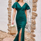 Trumpet/Mermaid V Neck Short Sleeve Stretch Crepe Floor-Length Bridesmaid Dresses with Split April DEP0025273