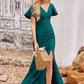 Trumpet/Mermaid V Neck Short Sleeve Stretch Crepe Floor-Length Bridesmaid Dresses with Split April DEP0025273