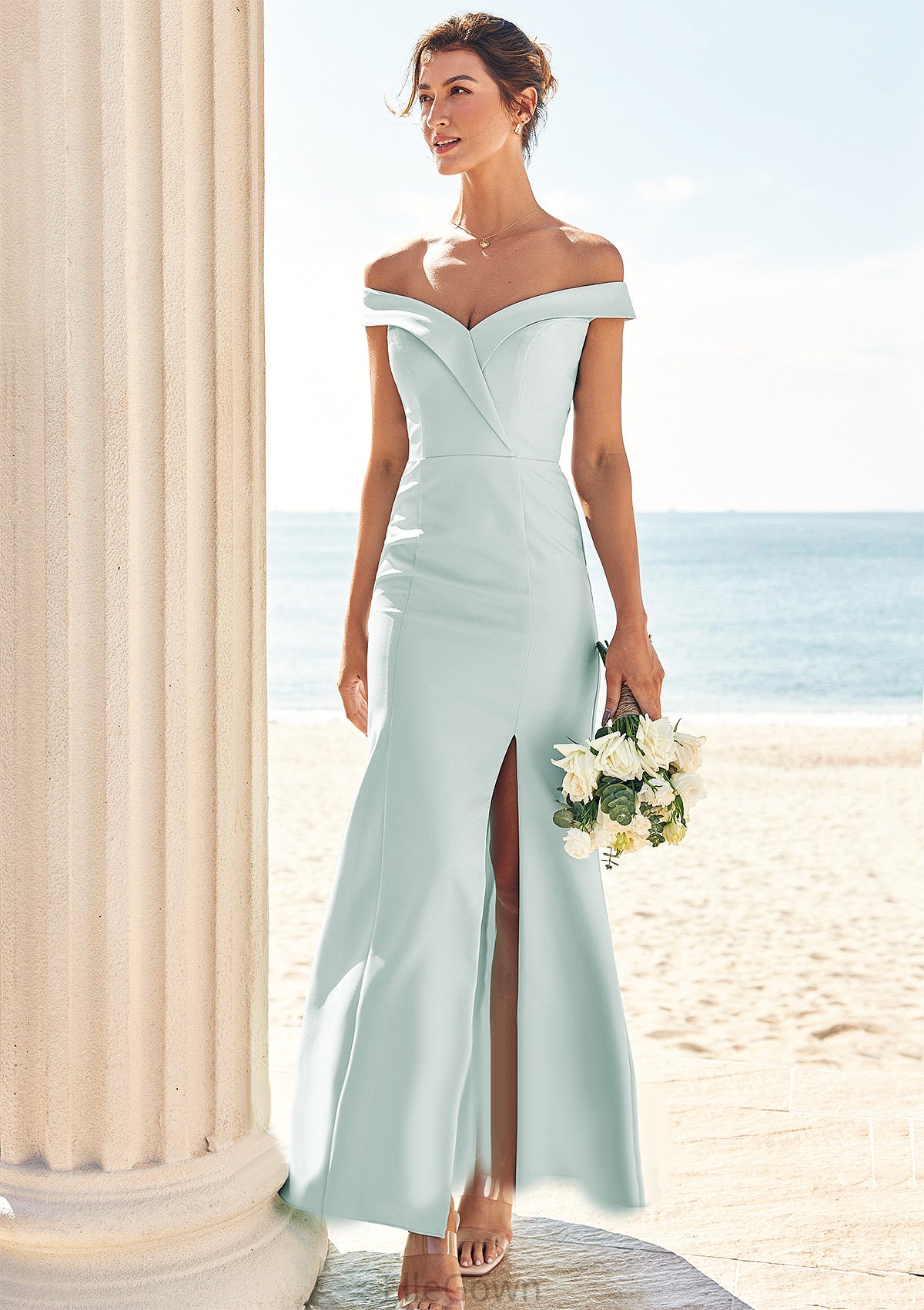 Trumpet/Mermaid Off-the-Shoulder Sleeveless Floor-Length Stretch Crepe Bridesmaid Dresses with Split Kaya DEP0025274