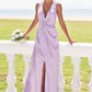 A-line V Neck Sleeveless Floor-Length Stretch Satin Bridesmaid Dresses with Pleated Split Josephine DEP0025276