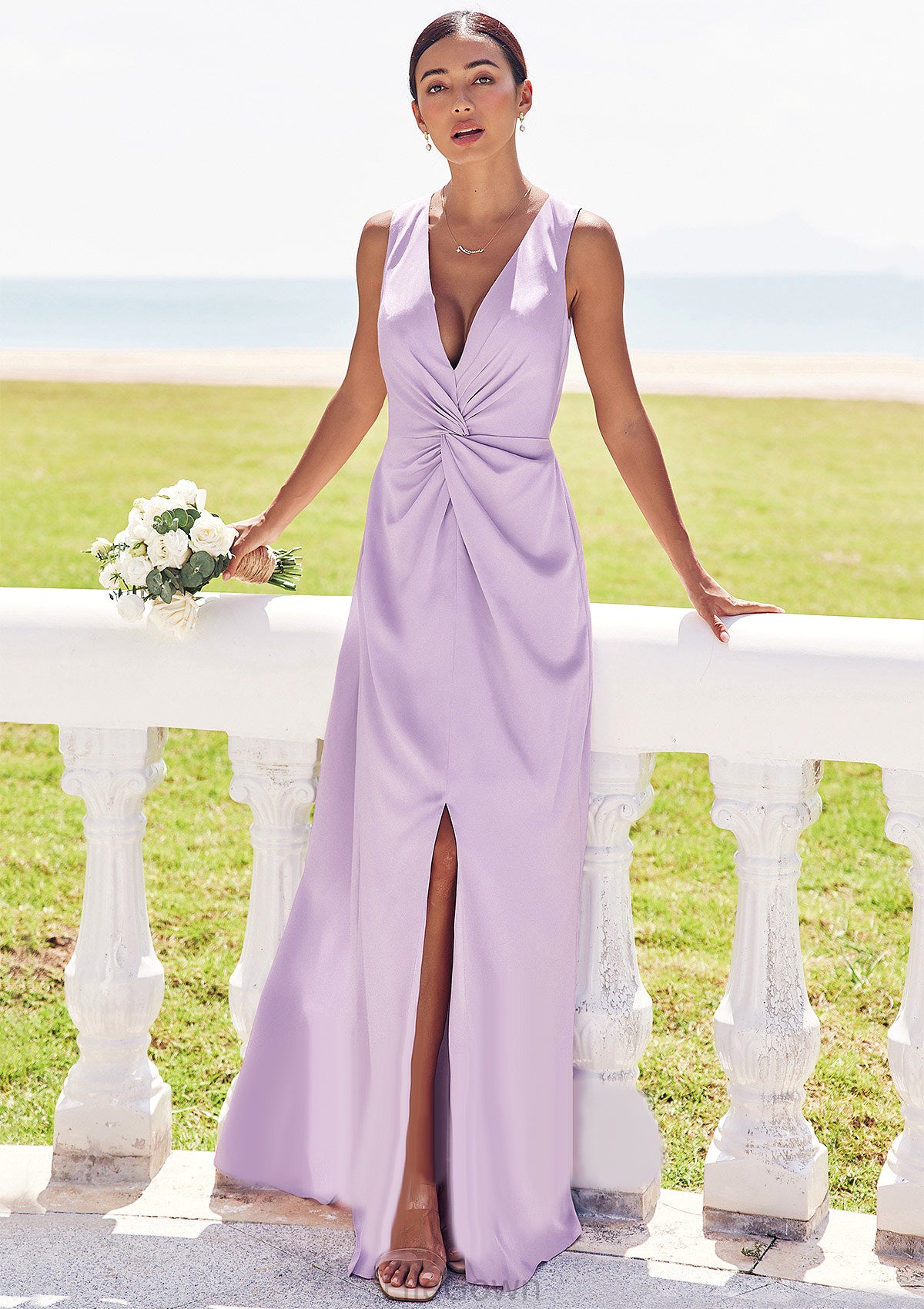 A-line V Neck Sleeveless Floor-Length Stretch Satin Bridesmaid Dresses with Pleated Split Josephine DEP0025276