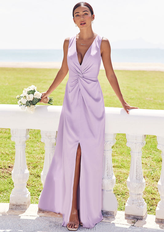 A-line V Neck Sleeveless Floor-Length Stretch Satin Bridesmaid Dresses with Pleated Split Josephine DEP0025276