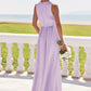 A-line V Neck Sleeveless Floor-Length Stretch Satin Bridesmaid Dresses with Pleated Split Josephine DEP0025276