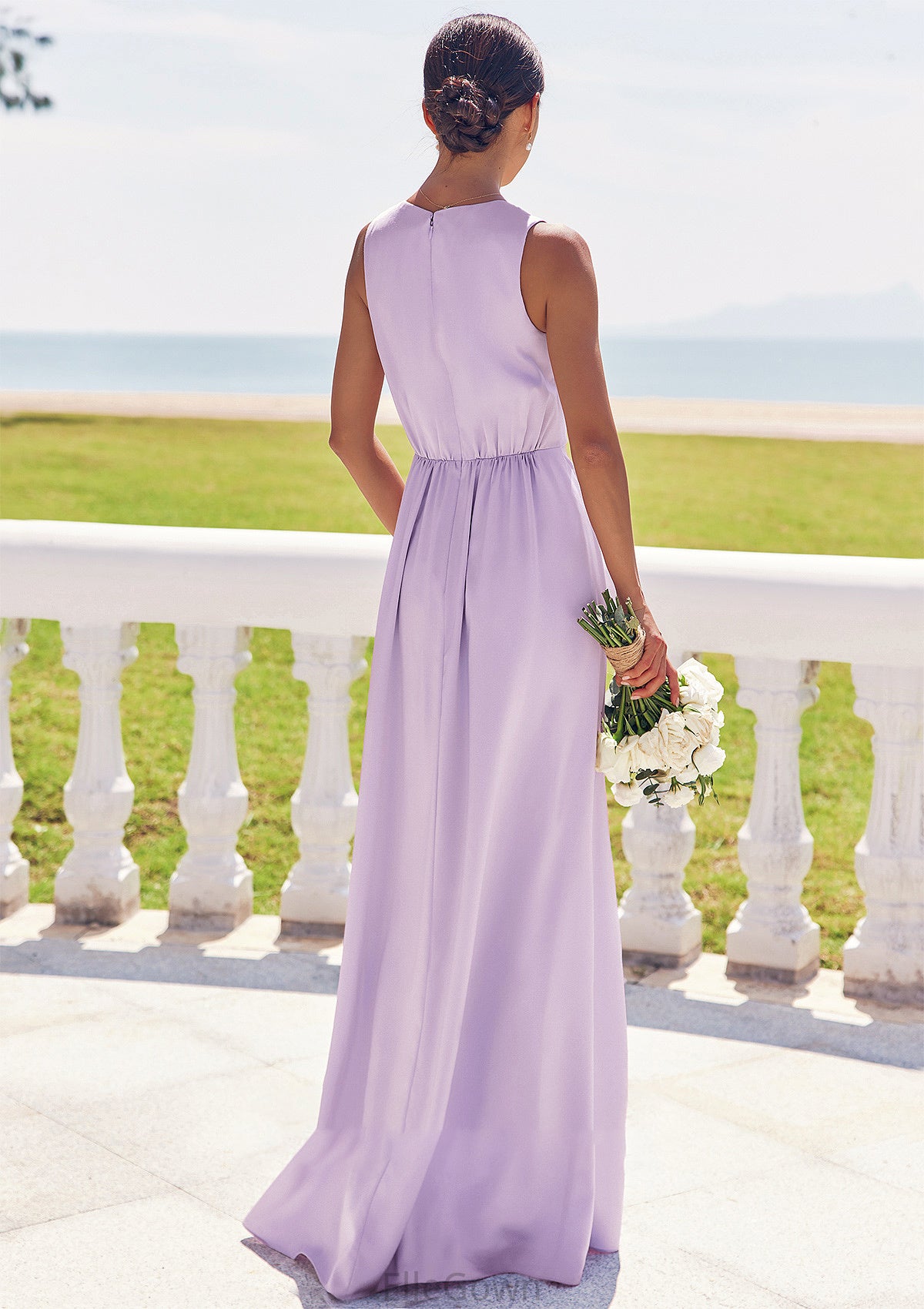 A-line V Neck Sleeveless Floor-Length Stretch Satin Bridesmaid Dresses with Pleated Split Josephine DEP0025276