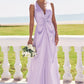 A-line V Neck Sleeveless Floor-Length Stretch Satin Bridesmaid Dresses with Pleated Split Josephine DEP0025276