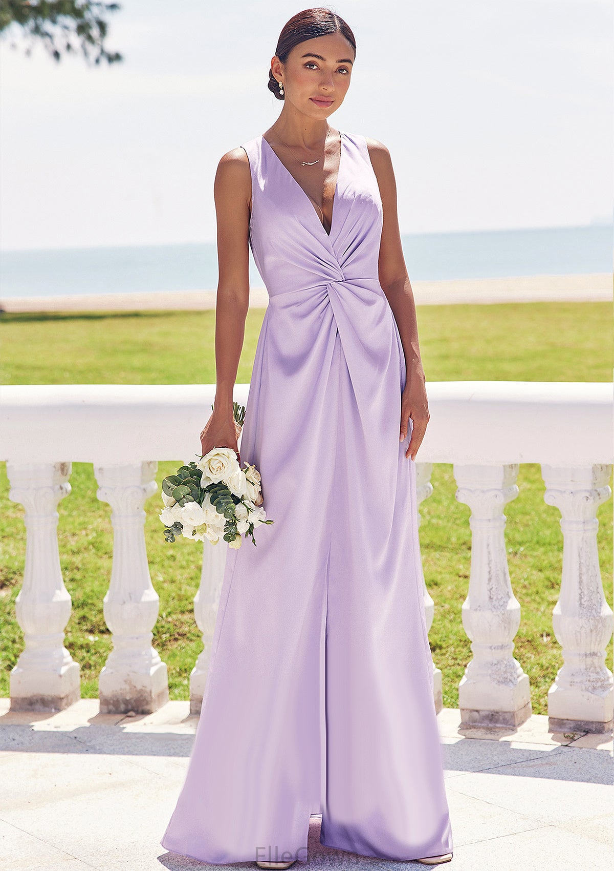 A-line V Neck Sleeveless Floor-Length Stretch Satin Bridesmaid Dresses with Pleated Split Josephine DEP0025276