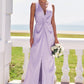 A-line V Neck Sleeveless Floor-Length Stretch Satin Bridesmaid Dresses with Pleated Split Josephine DEP0025276