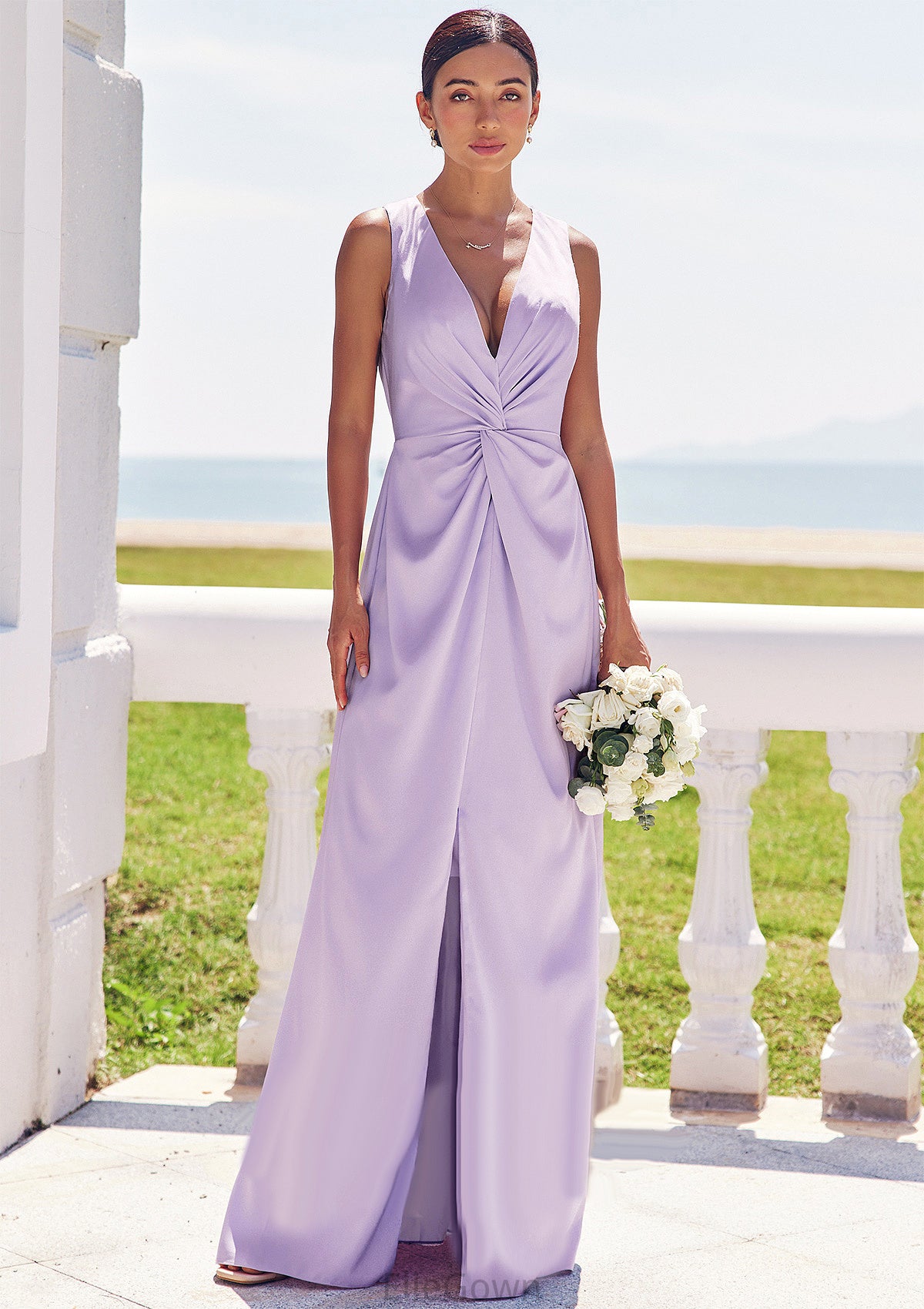 A-line V Neck Sleeveless Floor-Length Stretch Satin Bridesmaid Dresses with Pleated Split Josephine DEP0025276