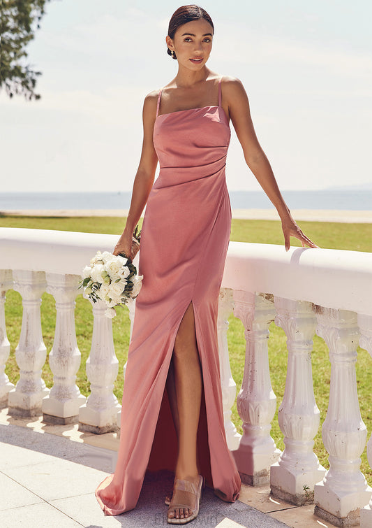 Sheath/Column Square Neckline Sleeveless Floor-Length Stretch Satin Bridesmaid Dresses with Pleated Split Rowan DEP0025277