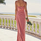 Sheath/Column Square Neckline Sleeveless Floor-Length Stretch Satin Bridesmaid Dresses with Pleated Split Rowan DEP0025277