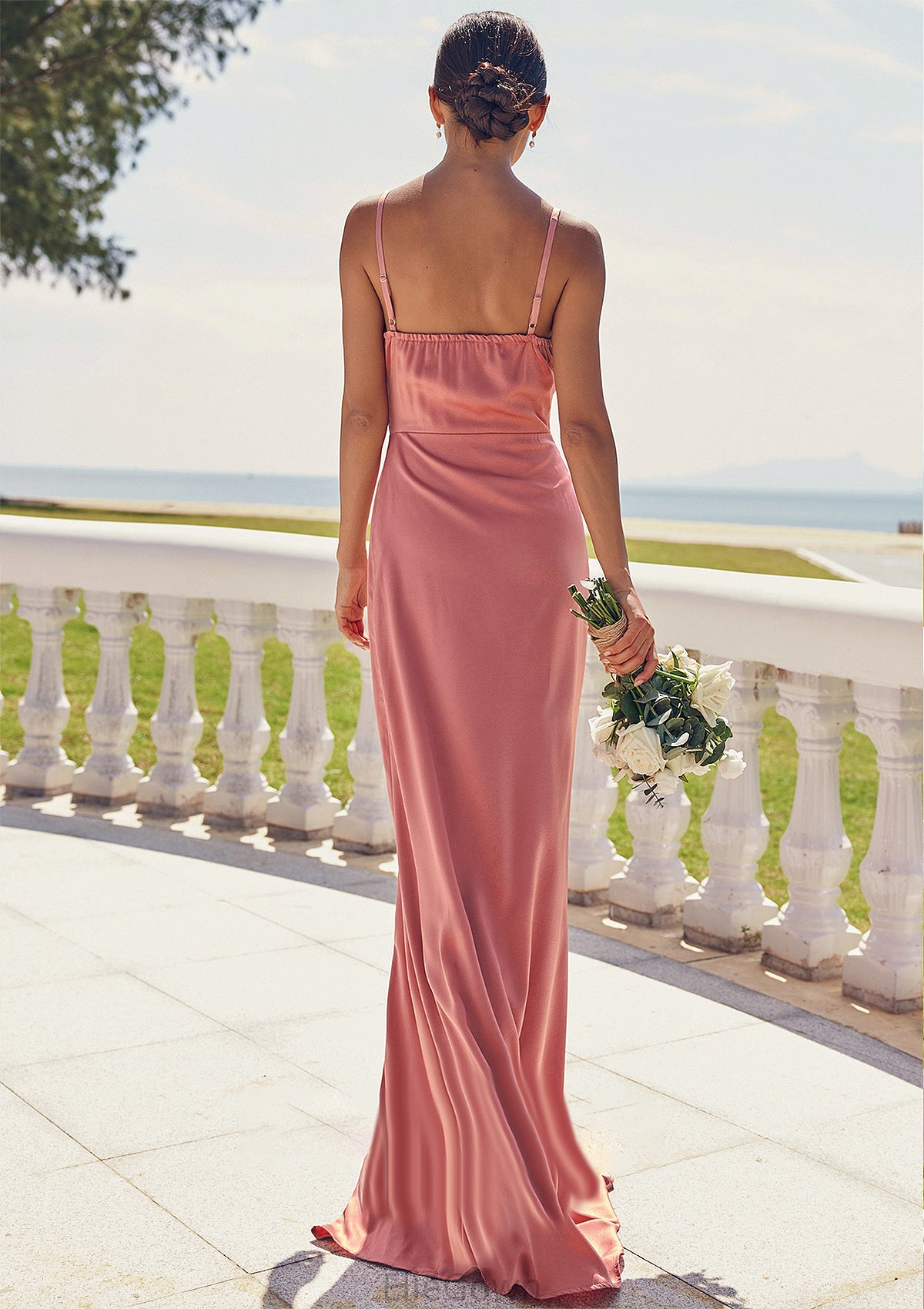 Sheath/Column Square Neckline Sleeveless Floor-Length Stretch Satin Bridesmaid Dresses with Pleated Split Rowan DEP0025277