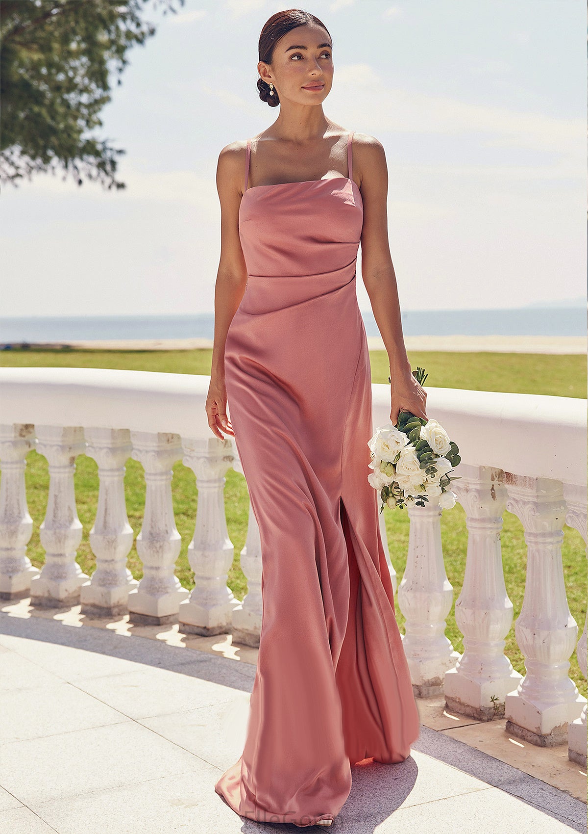 Sheath/Column Square Neckline Sleeveless Floor-Length Stretch Satin Bridesmaid Dresses with Pleated Split Rowan DEP0025277