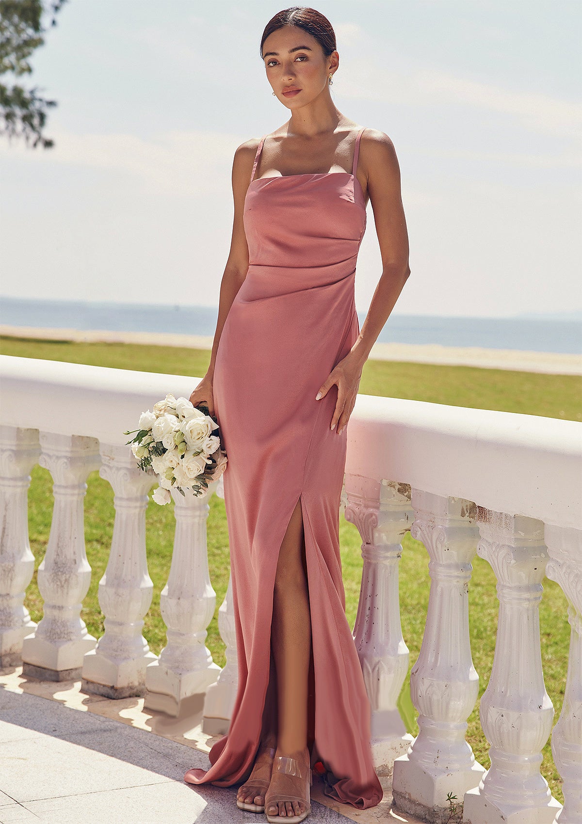 Sheath/Column Square Neckline Sleeveless Floor-Length Stretch Satin Bridesmaid Dresses with Pleated Split Rowan DEP0025277