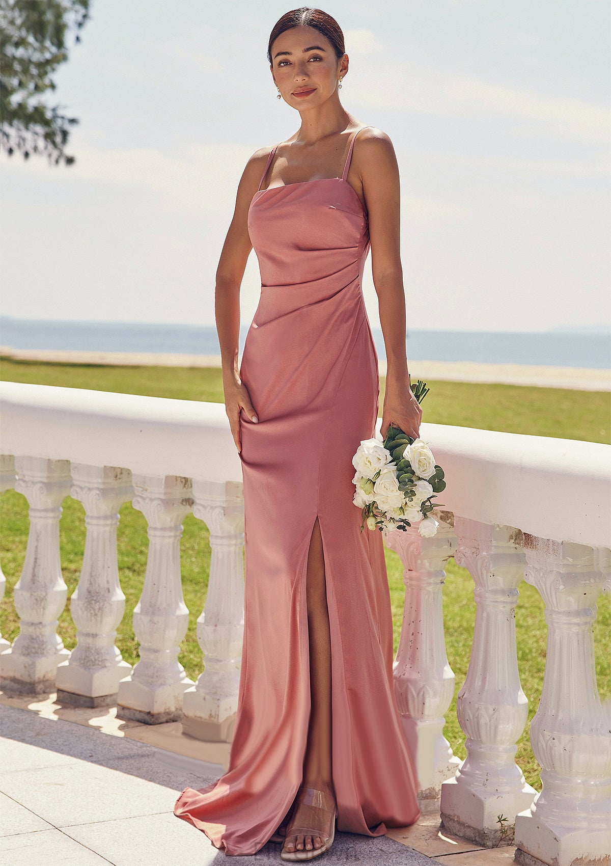 Sheath/Column Square Neckline Sleeveless Floor-Length Stretch Satin Bridesmaid Dresses with Pleated Split Rowan DEP0025277