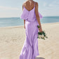 Sheath/Column V Neck Sleeveless Floor-Length Stretch Satin Bridesmaid Dresses with Ruffles Rhoda DEP0025278