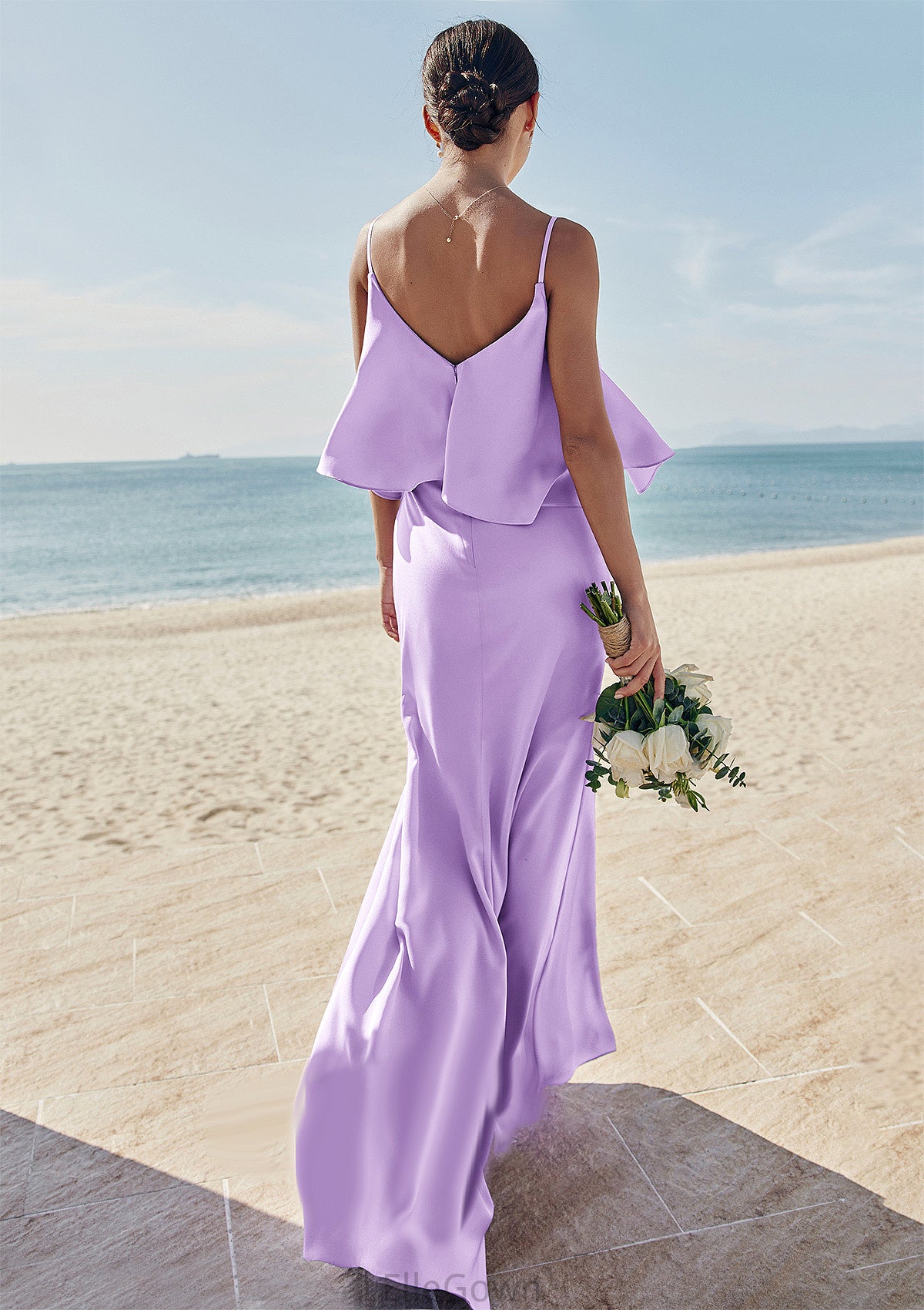 Sheath/Column V Neck Sleeveless Floor-Length Stretch Satin Bridesmaid Dresses with Ruffles Rhoda DEP0025278