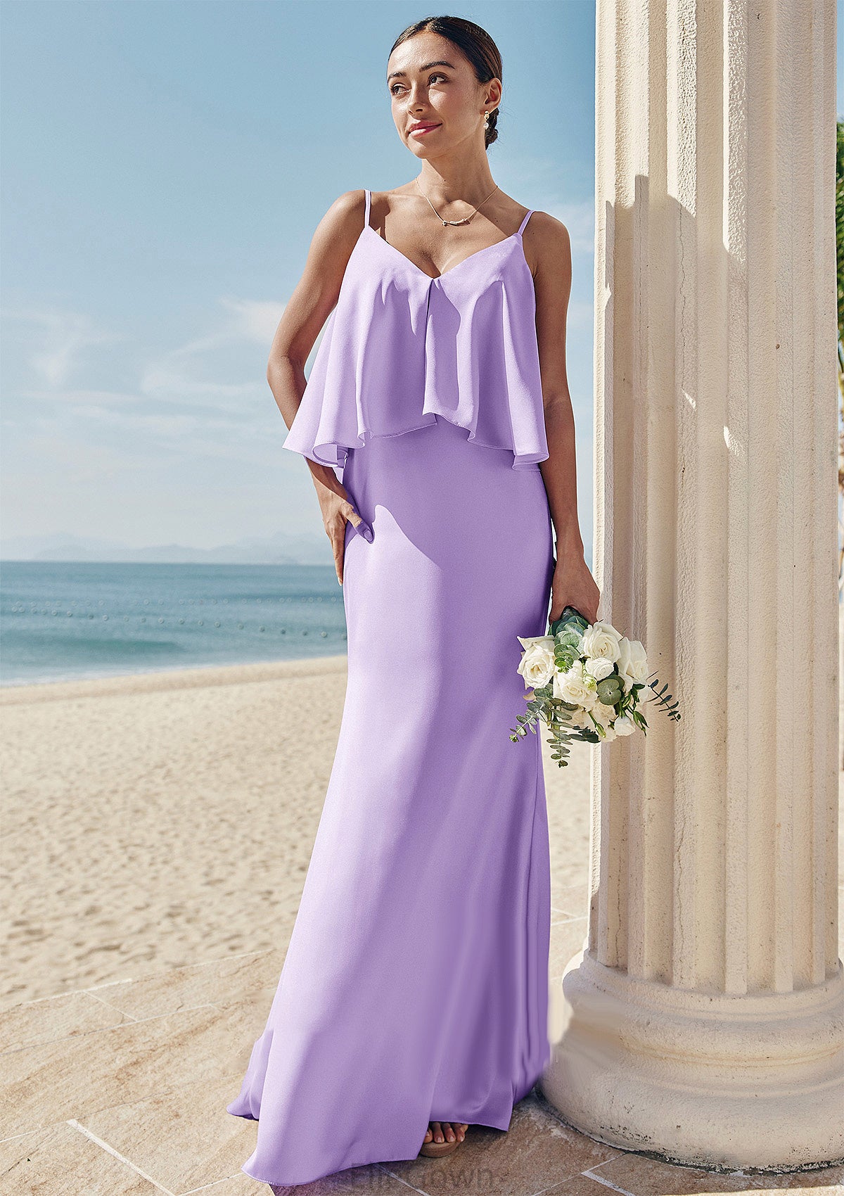 Sheath/Column V Neck Sleeveless Floor-Length Stretch Satin Bridesmaid Dresses with Ruffles Rhoda DEP0025278