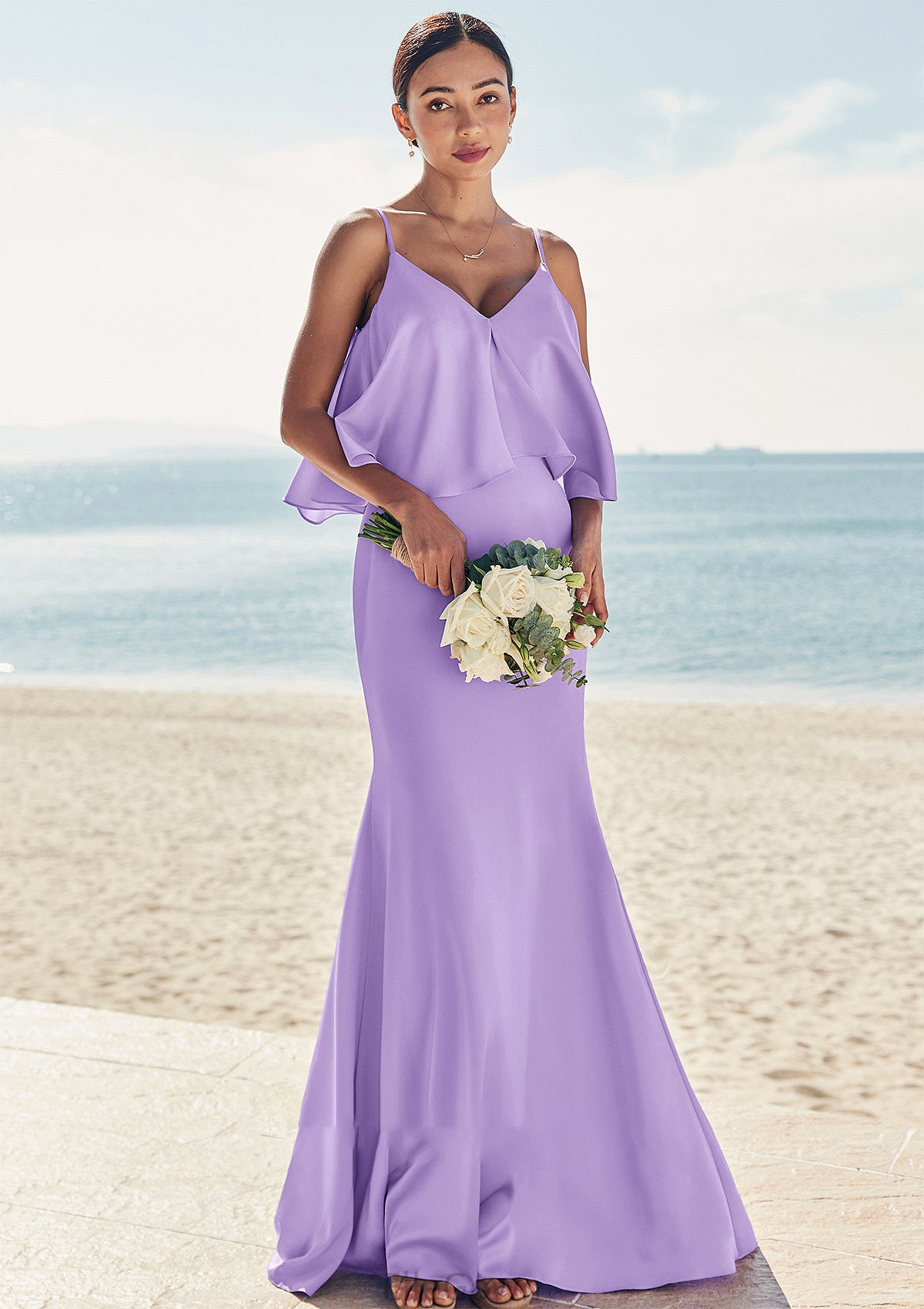 Sheath/Column V Neck Sleeveless Floor-Length Stretch Satin Bridesmaid Dresses with Ruffles Rhoda DEP0025278