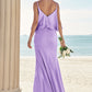 Sheath/Column V Neck Sleeveless Floor-Length Stretch Satin Bridesmaid Dresses with Ruffles Rhoda DEP0025278