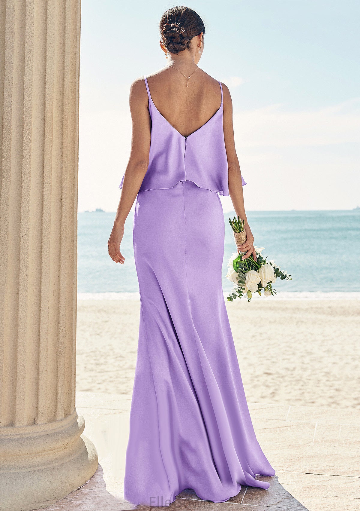 Sheath/Column V Neck Sleeveless Floor-Length Stretch Satin Bridesmaid Dresses with Ruffles Rhoda DEP0025278