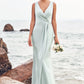 Sheath/Column V Neck Sleeveless Floor-Length Stretch Satin Bridesmaid Dresses with Pleated Split Amani DEP0025279