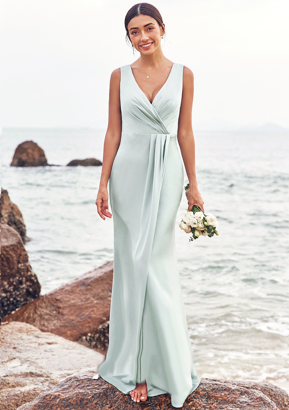 Sheath/Column V Neck Sleeveless Floor-Length Stretch Satin Bridesmaid Dresses with Pleated Split Amani DEP0025279