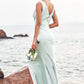 Sheath/Column V Neck Sleeveless Floor-Length Stretch Satin Bridesmaid Dresses with Pleated Split Amani DEP0025279