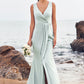 Sheath/Column V Neck Sleeveless Floor-Length Stretch Satin Bridesmaid Dresses with Pleated Split Amani DEP0025279