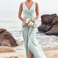 Sheath/Column V Neck Sleeveless Floor-Length Stretch Satin Bridesmaid Dresses with Pleated Split Amani DEP0025279