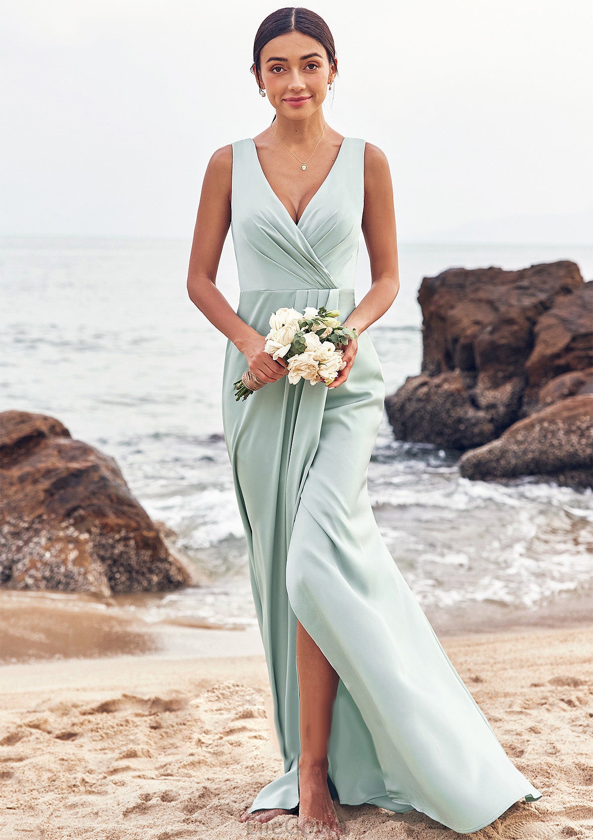 Sheath/Column V Neck Sleeveless Floor-Length Stretch Satin Bridesmaid Dresses with Pleated Split Amani DEP0025279