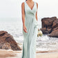 Sheath/Column V Neck Sleeveless Floor-Length Stretch Satin Bridesmaid Dresses with Pleated Split Amani DEP0025279