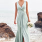 Sheath/Column V Neck Sleeveless Floor-Length Stretch Satin Bridesmaid Dresses with Pleated Split Amani DEP0025279