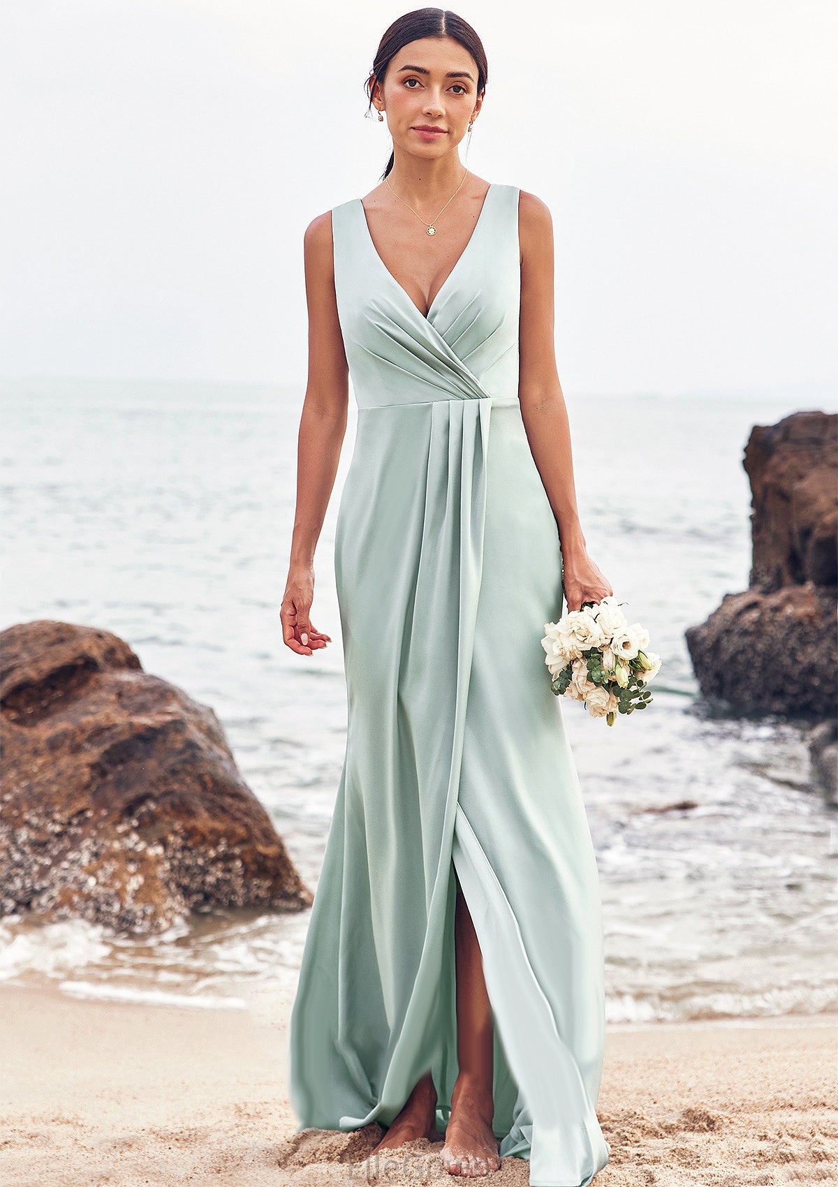 Sheath/Column V Neck Sleeveless Floor-Length Stretch Satin Bridesmaid Dresses with Pleated Split Amani DEP0025279