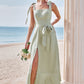 Sheath/Column Square Neckline Sleeveless Tea-Length Stretch Satin Bridesmaid Dresses with Bowknot Ruffles Split Genevieve DEP0025280