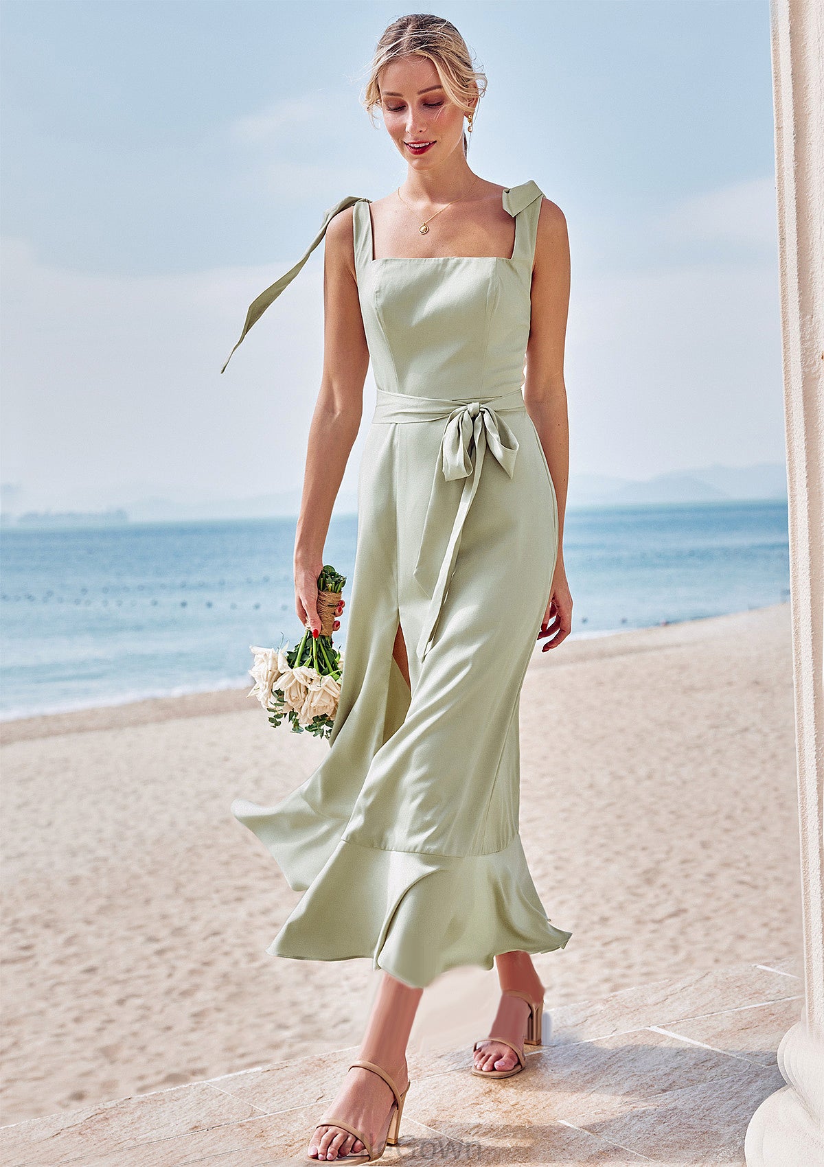 Sheath/Column Square Neckline Sleeveless Tea-Length Stretch Satin Bridesmaid Dresses with Bowknot Ruffles Split Genevieve DEP0025280