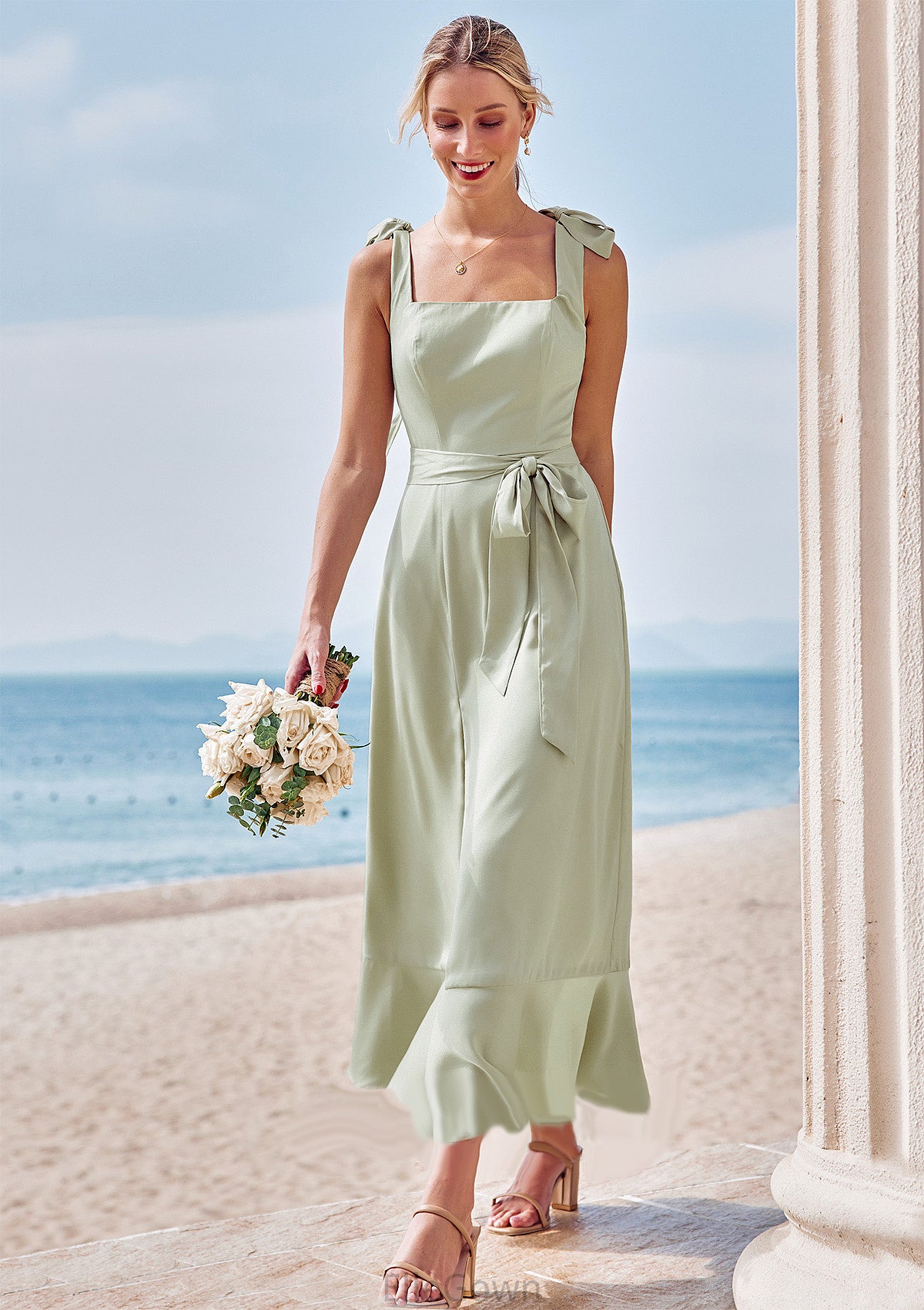 Sheath/Column Square Neckline Sleeveless Tea-Length Stretch Satin Bridesmaid Dresses with Bowknot Ruffles Split Genevieve DEP0025280