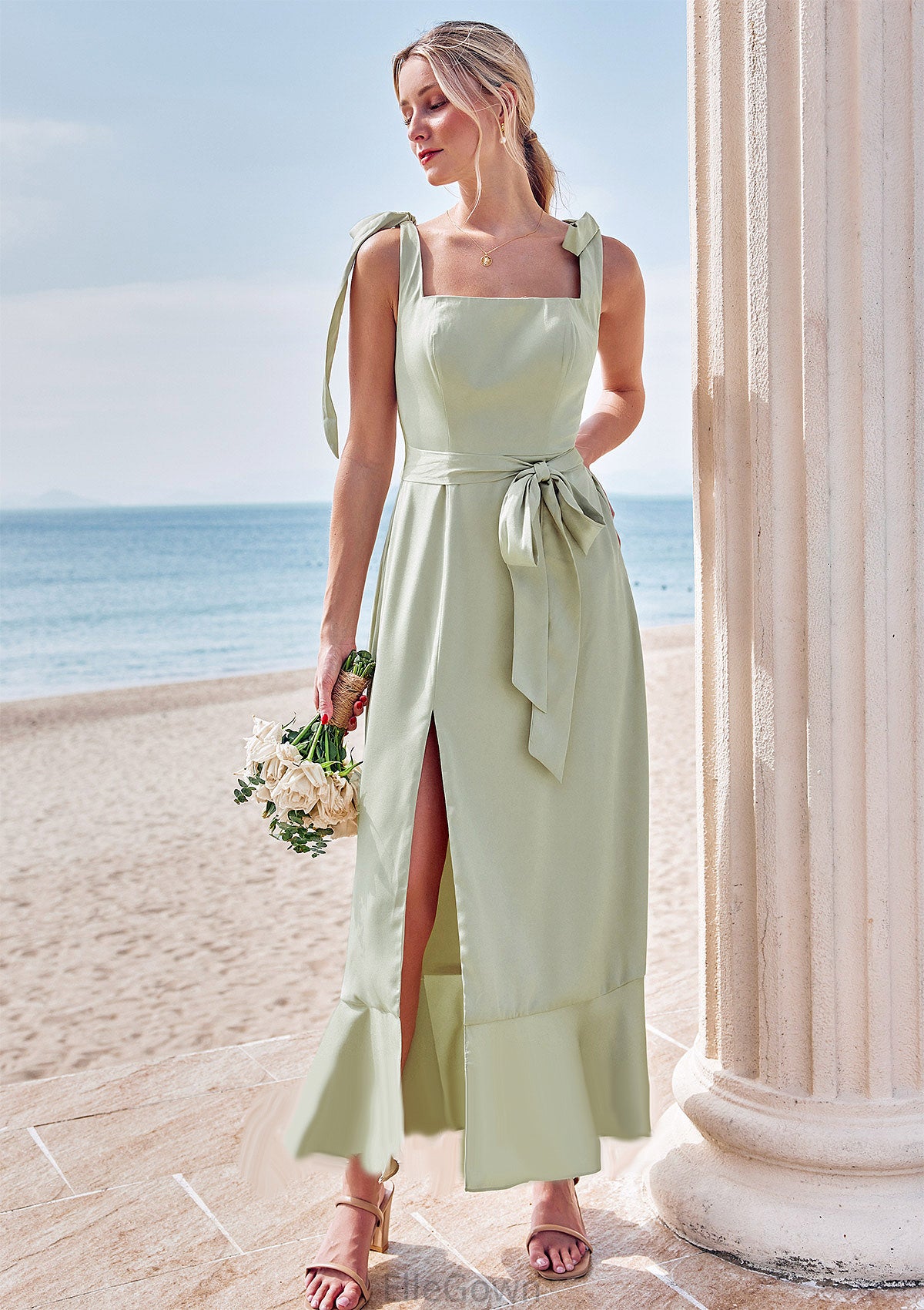 Sheath/Column Square Neckline Sleeveless Tea-Length Stretch Satin Bridesmaid Dresses with Bowknot Ruffles Split Genevieve DEP0025280