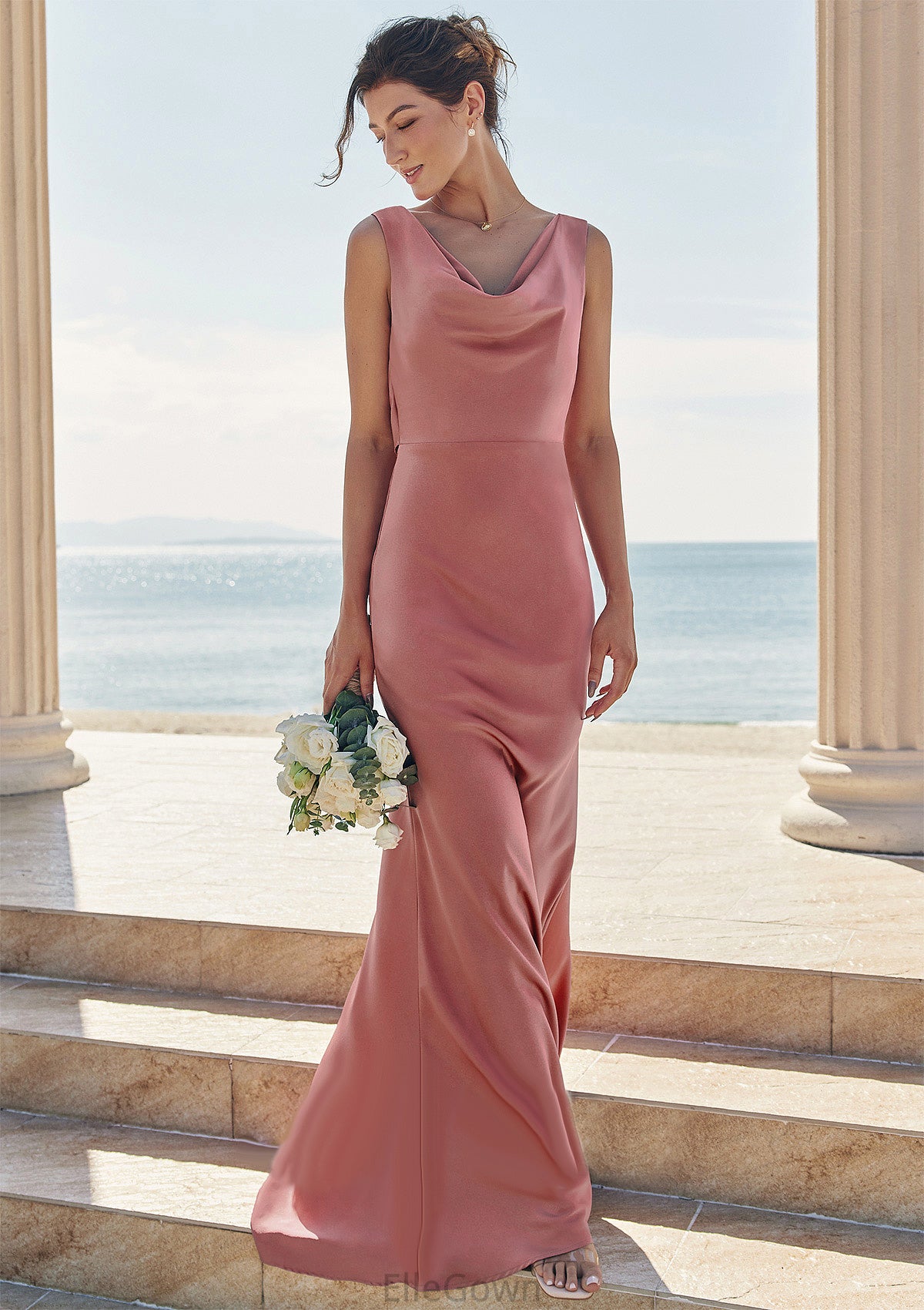 Trumpet/Mermaid Cowl Neck Sleeveless Floor-Length Stretch Satin Bridesmaid Dresses with Sashes Nataly DEP0025281