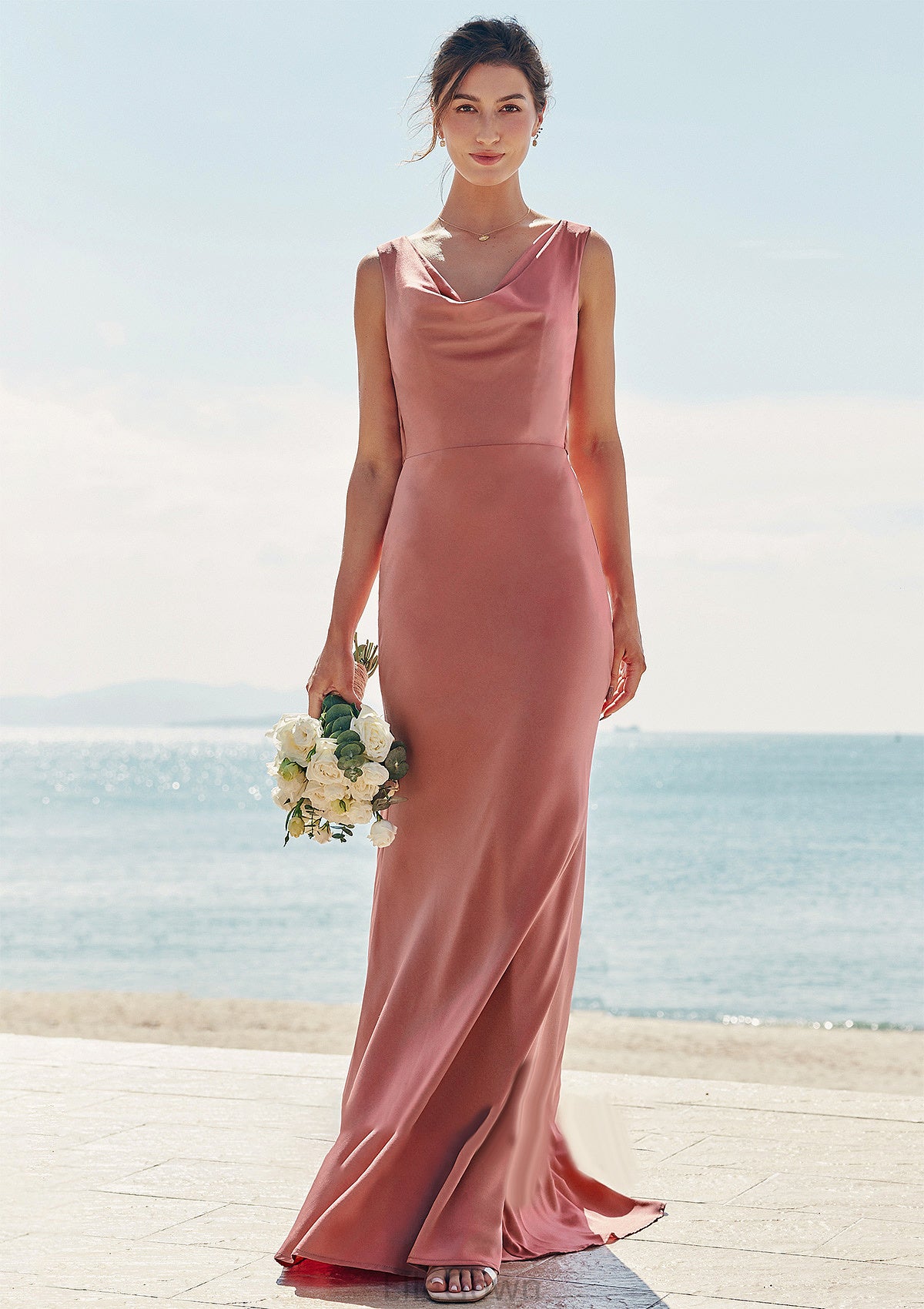 Trumpet/Mermaid Cowl Neck Sleeveless Floor-Length Stretch Satin Bridesmaid Dresses with Sashes Nataly DEP0025281