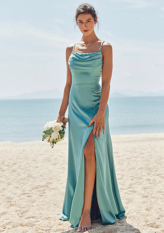 Sheath/Column Square Neckline Sleeveless Floor-Length Stretch Satin Bridesmaid Dresses with Pleated Split Liliana DEP0025282